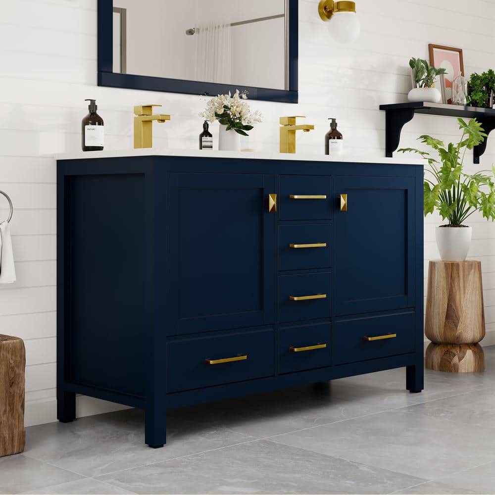 Eviva London 48 in. W x 18 in. D x 34 in. H Double Bathroom Vanity in Blue with White Carrara Marble Top and White Undermount Sinks