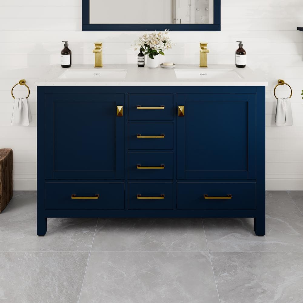 Eviva London 48 in. W x 18 in. D x 34 in. H Double Bathroom Vanity in Blue with White Carrara Marble Top and White Undermount Sinks