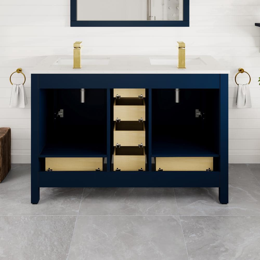 Eviva London 48 in. W x 18 in. D x 34 in. H Double Bathroom Vanity in Blue with White Carrara Marble Top and White Undermount Sinks