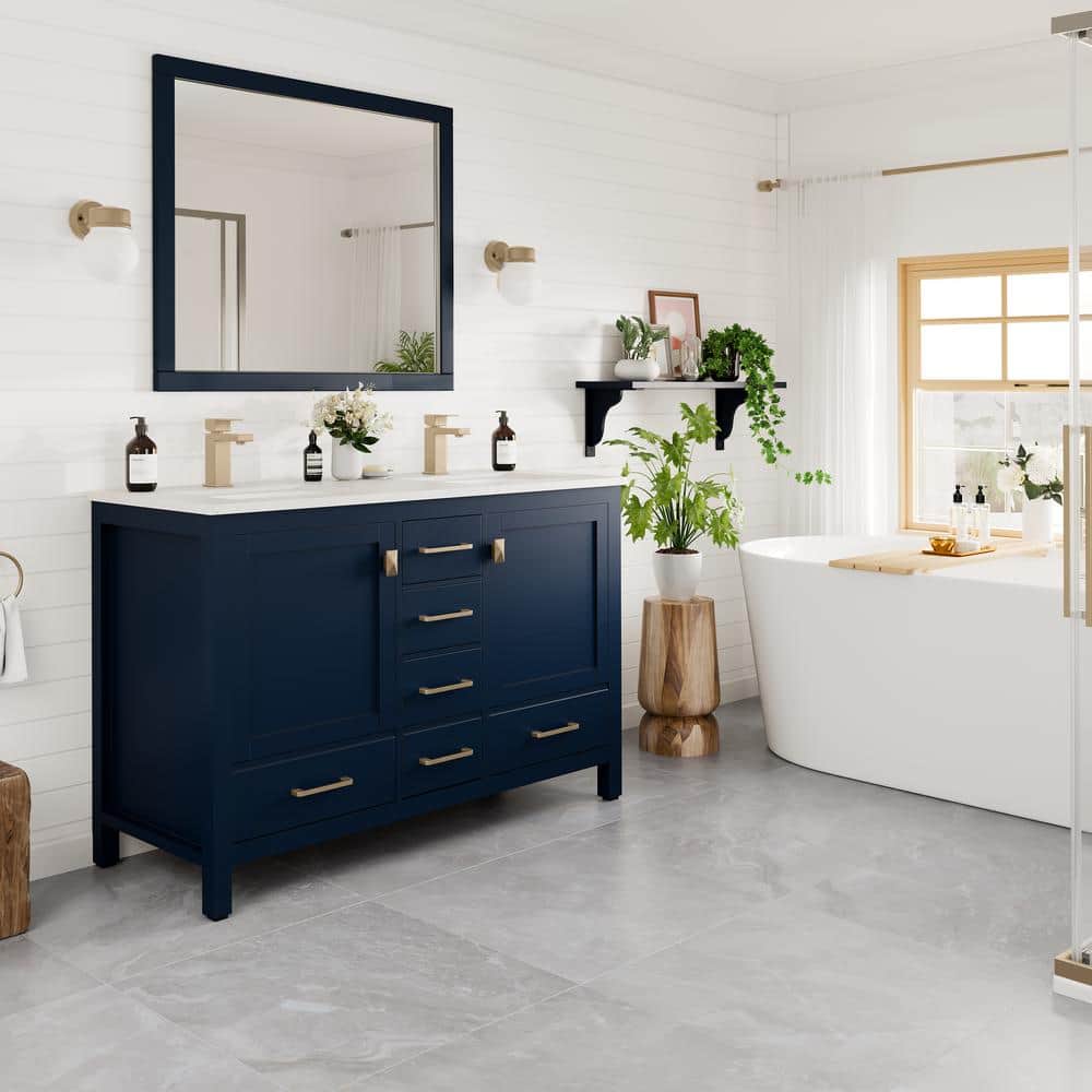 Eviva London 48 in. W x 18 in. D x 34 in. H Double Bathroom Vanity in Blue with White Carrara Marble Top and White Undermount Sinks