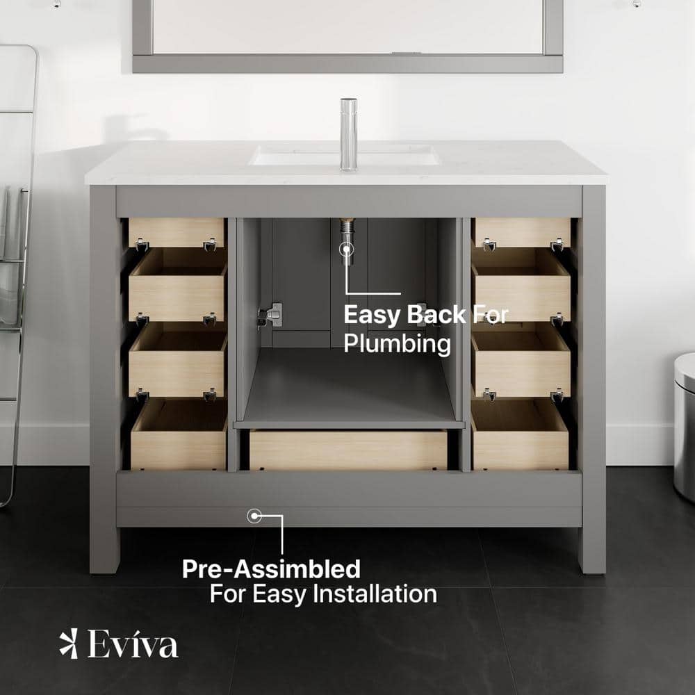 Eviva London 48 in. W x 18 in. D x 34 in. H Single Sink Freestanding Bath Vanity in Gray with White Carrara Quartz Top