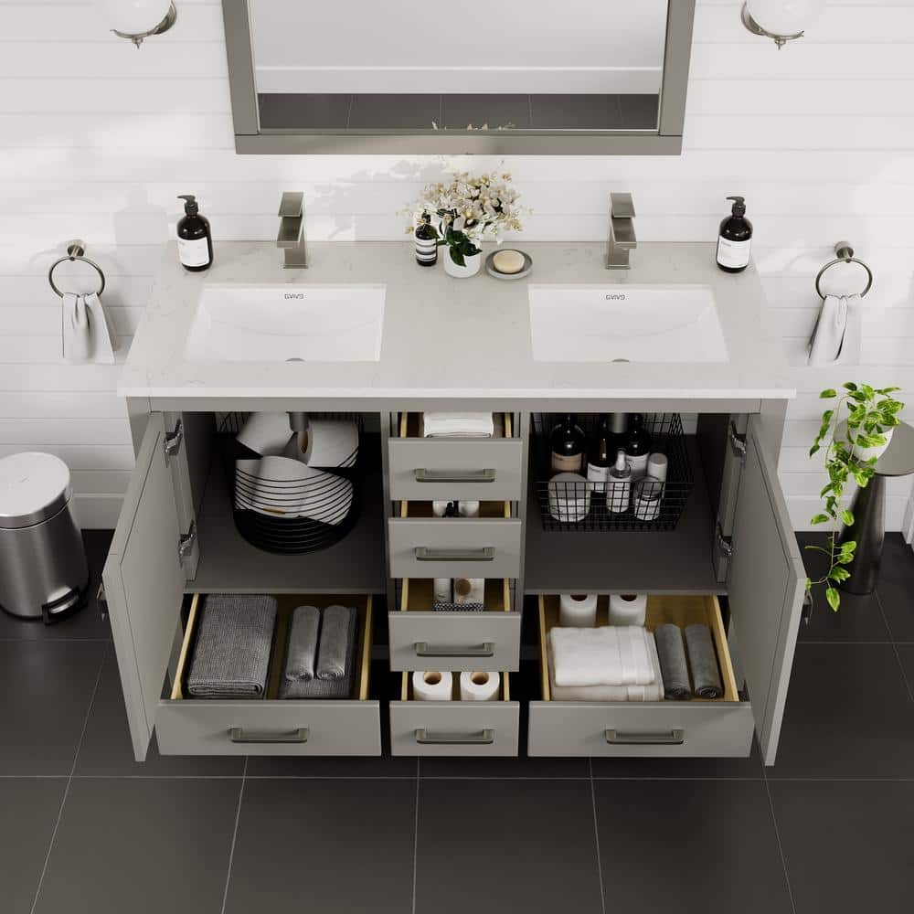 Eviva London 48 in. W x 18 in. D x 34 in. H Double Bathroom Vanity in Gray with White Carrara Marble Top and White Undermount Sinks