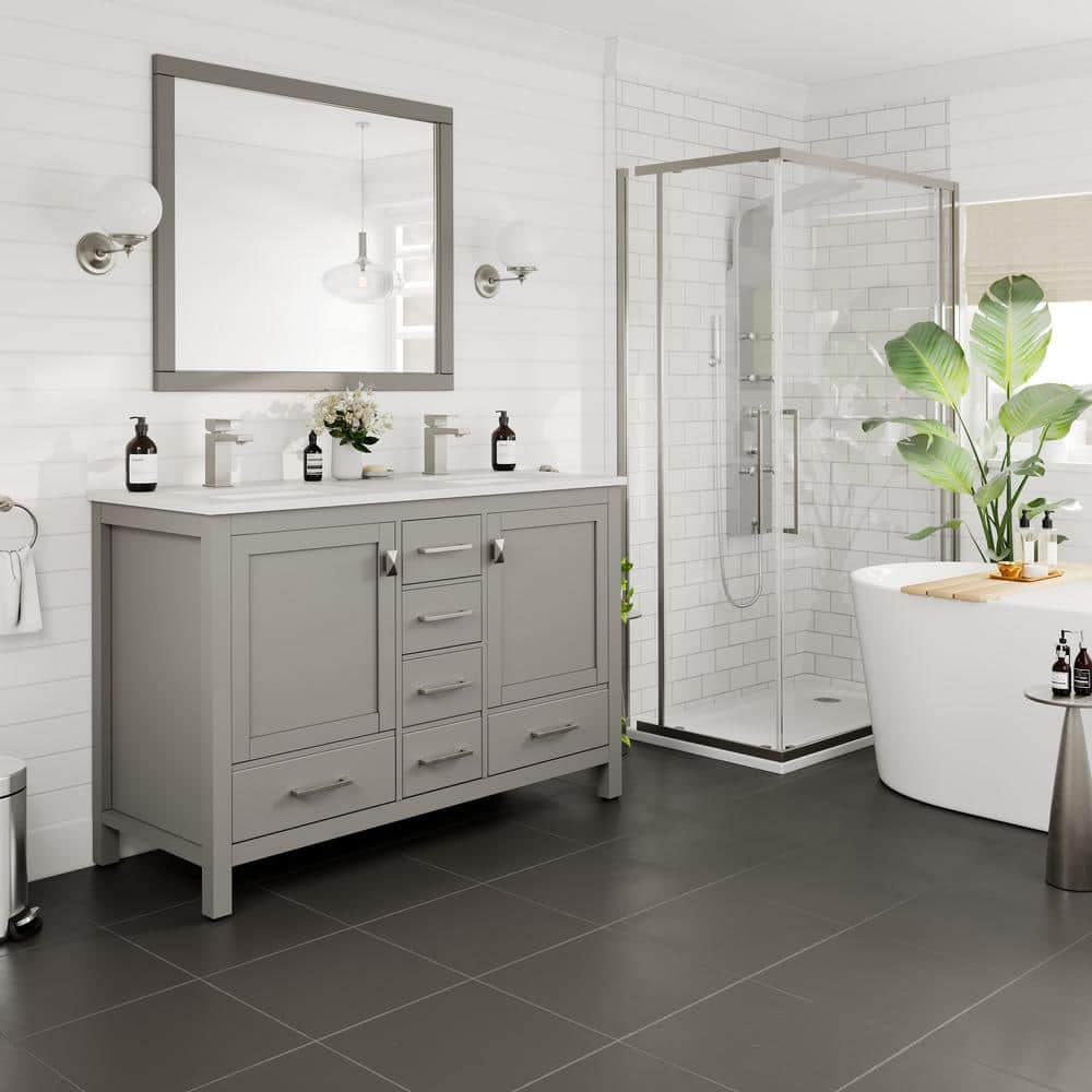 Eviva London 48 in. W x 18 in. D x 34 in. H Double Bathroom Vanity in Gray with White Carrara Marble Top and White Undermount Sinks