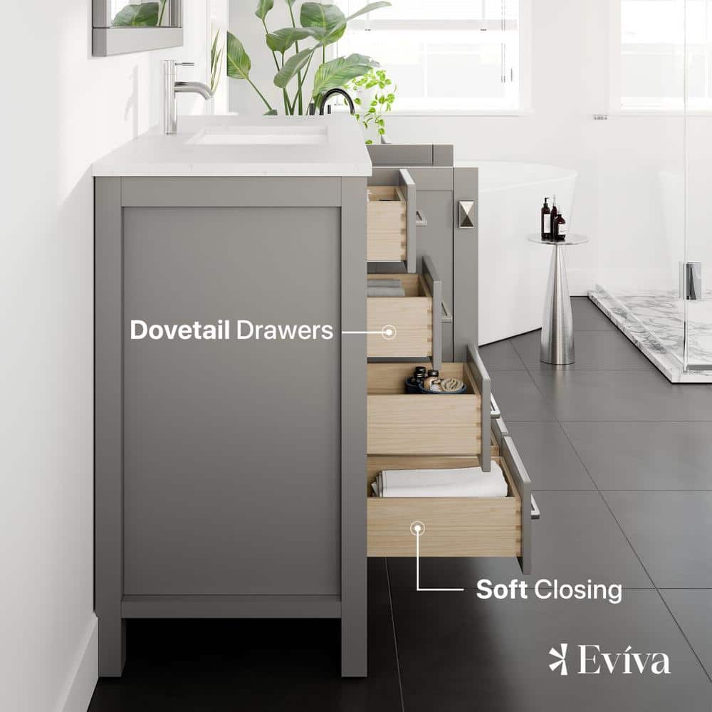 Eviva London 48 in. W x 18 in. D x 34 in. H Single Sink Freestanding Bath Vanity in Gray with White Carrara Quartz Top