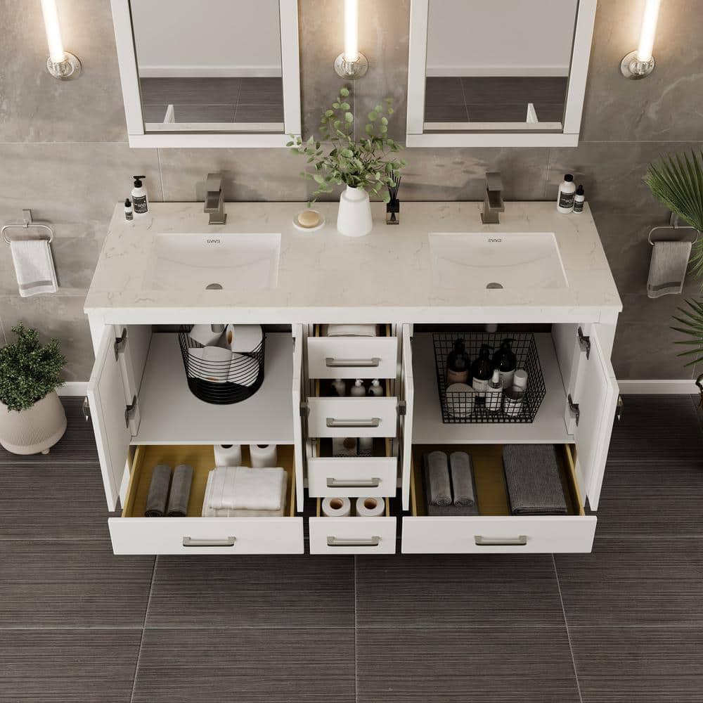 Eviva London 60 in. W x 18 in. D x 34 in. H Double Bathroom Vanity in Gray with White Carrara Marble Top and White Sinks