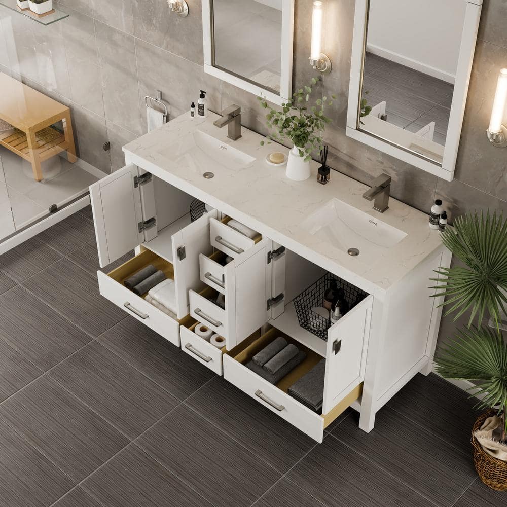 Eviva London 60 in. W x 18 in. D x 34 in. H Double Bathroom Vanity in White with White Carrara Marble Top and White Undermount Sinks