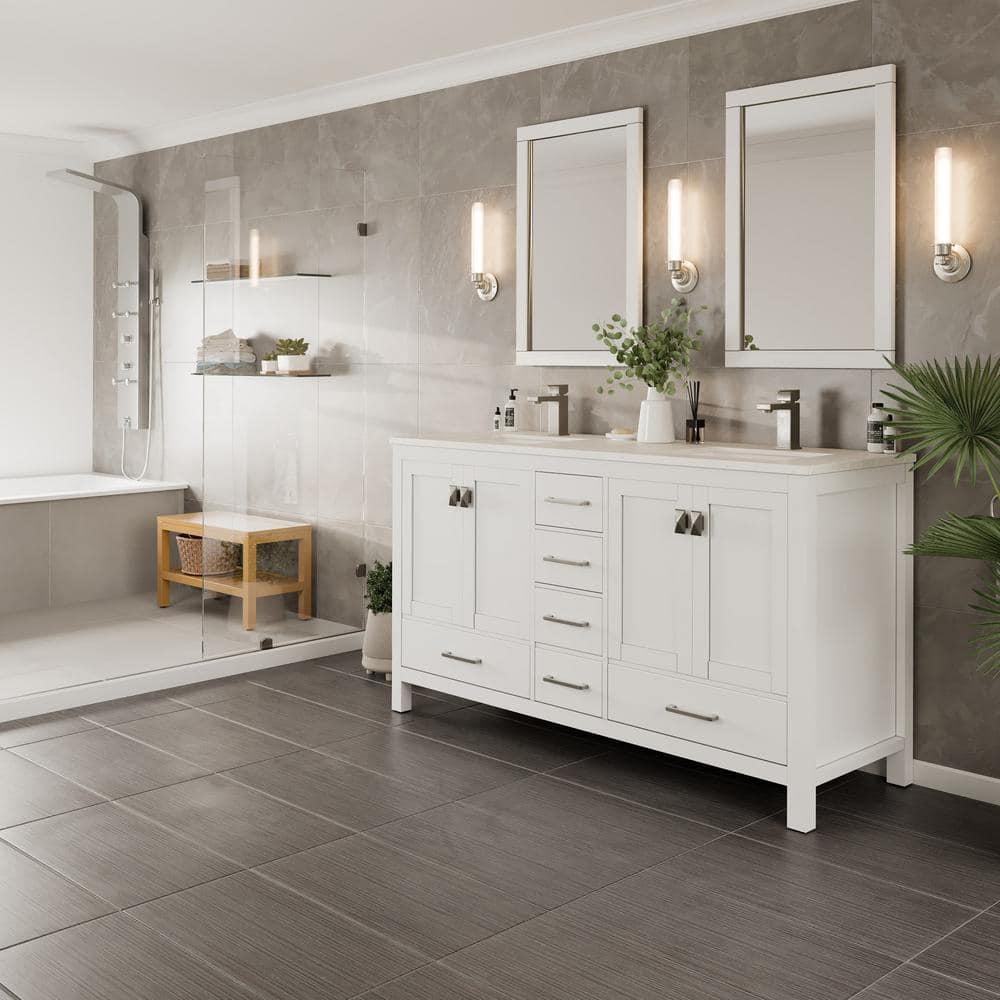 Eviva London 60 in. W x 18 in. D x 34 in. H Double Bathroom Vanity in White with White Carrara Marble Top and White Undermount Sinks