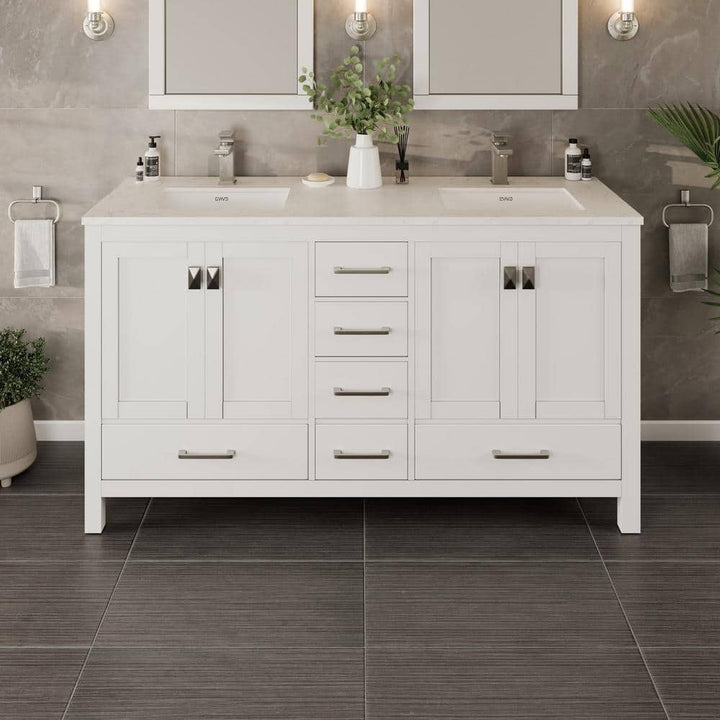 Eviva London 60 in. W x 18 in. D x 34 in. H Double Bathroom Vanity in White with White Carrara Marble Top and White Undermount Sinks