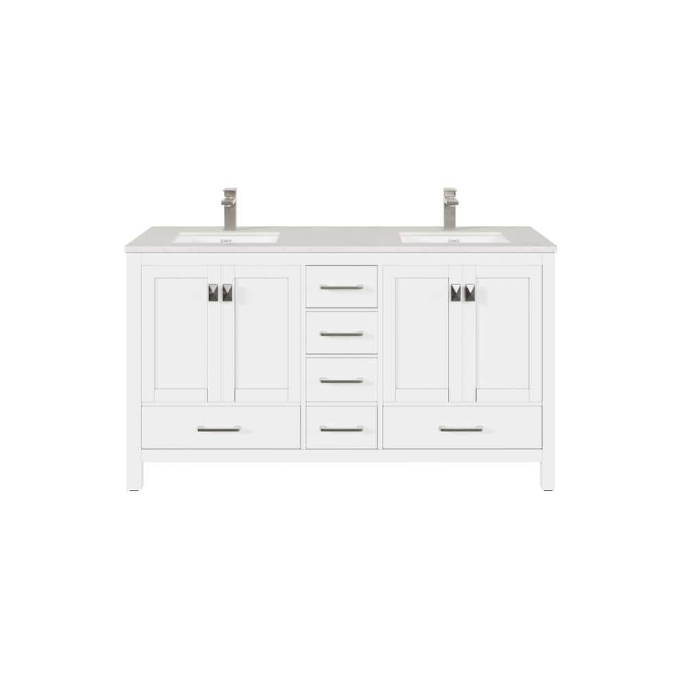 Eviva London 60 in. W x 18 in. D x 34 in. H Double Bathroom Vanity in White with White Carrara Marble Top and White Undermount Sinks