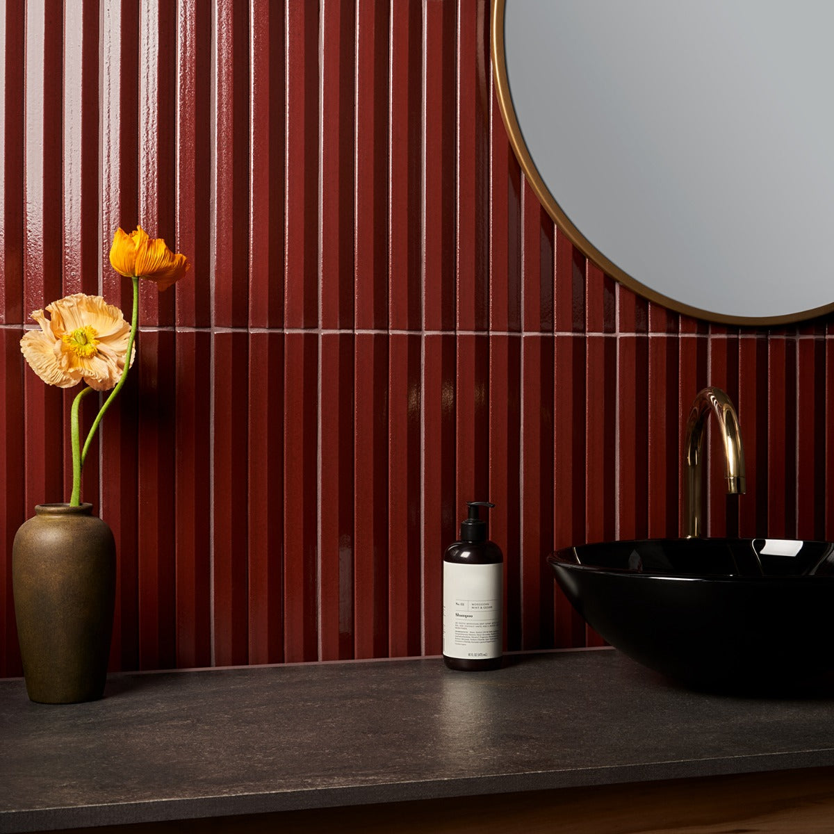 Lux Tile Ponto Ruby Red Fluted 5x16 3D Polished Porcelain Wall Tile