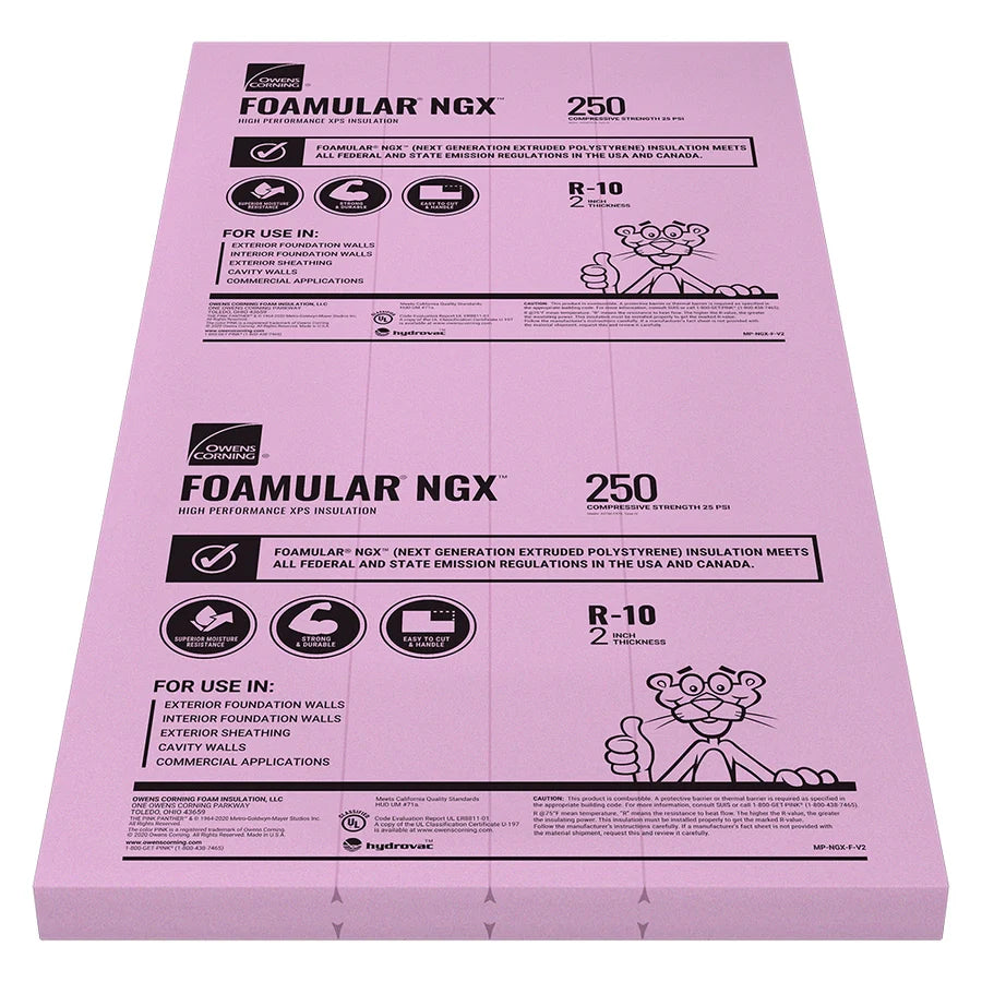 Owens Corning FOAMULAR NGX F-250 Unfaced XPS Rigid Foam Board Insulation, R-10, 2 in. x 48 in. x 96 in. (32 sq. ft.)