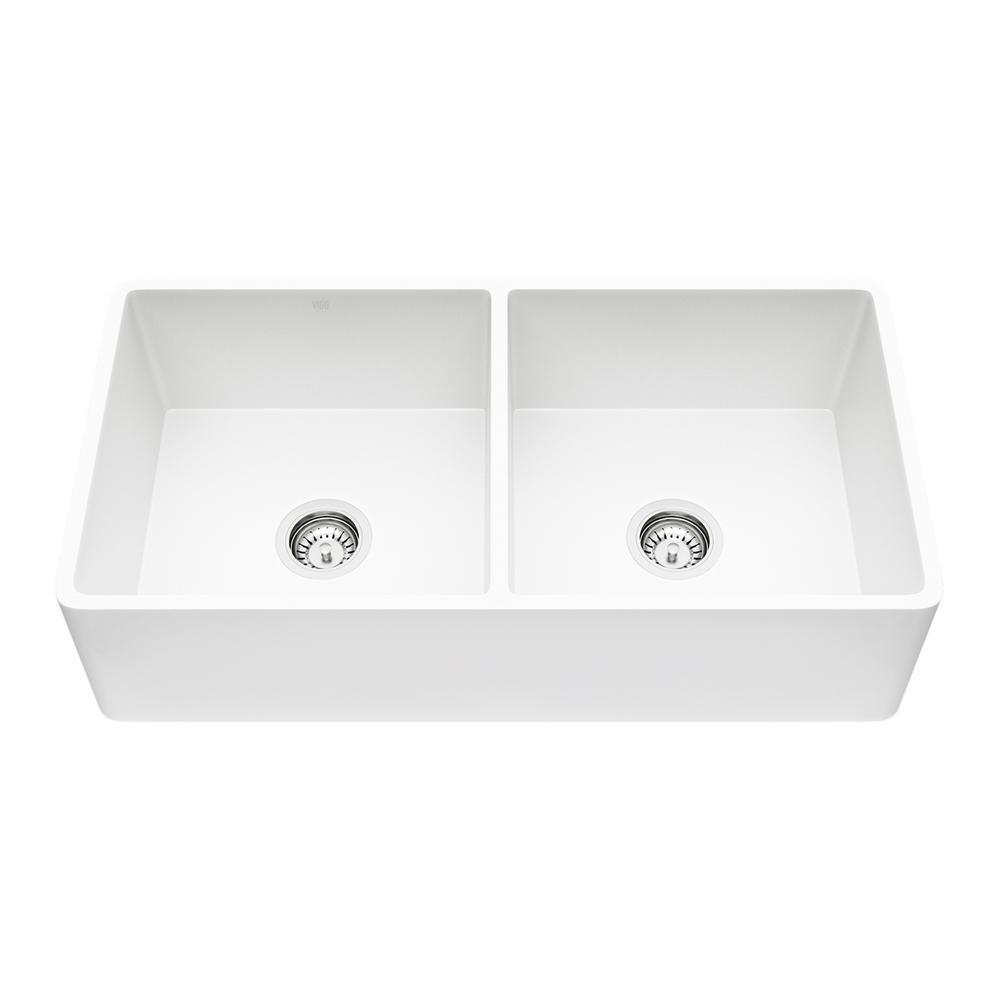 Matte Stone White Composite 33 in. Double Bowl Reversible Flat Farmhouse Apron-Front Kitchen Sink with 2 Strainers - Super Arbor