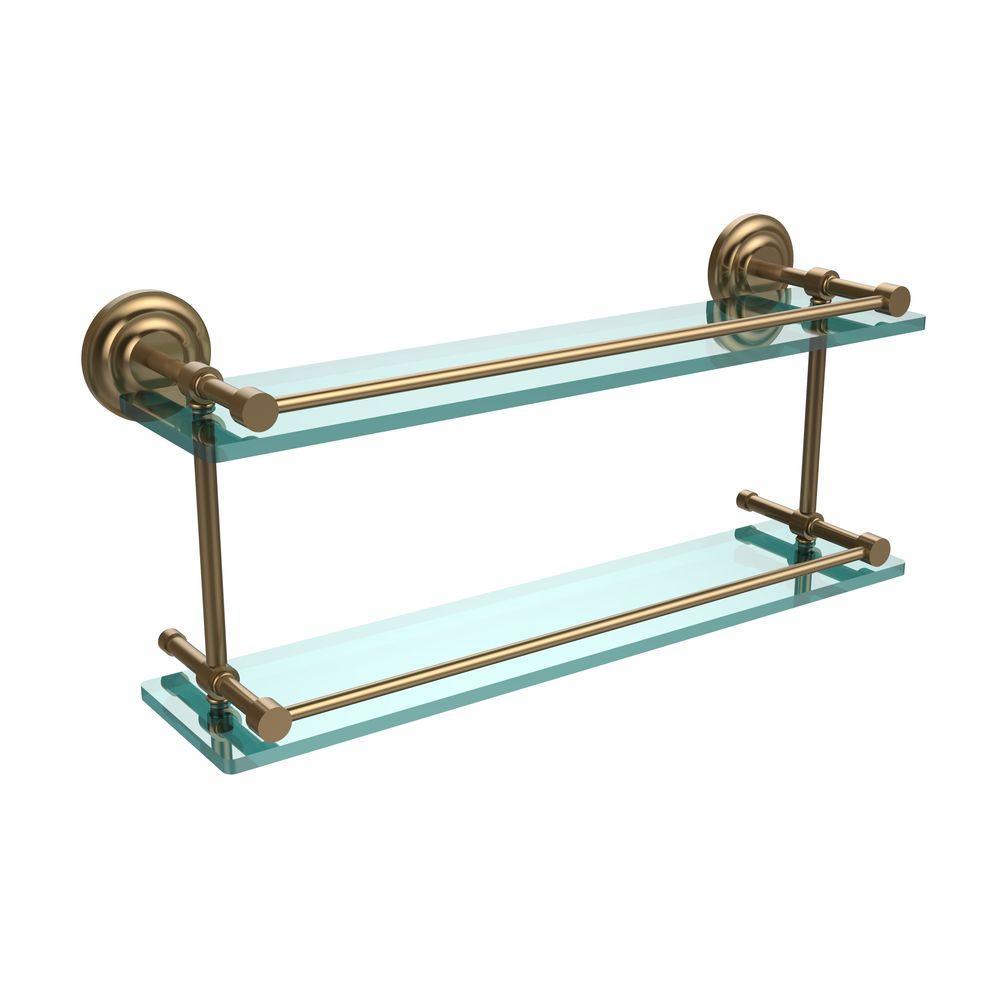 Que New 22 in. L x 8 in. H x 5 in. W 2-Tier Clear Glass Bathroom Shelf with Gallery Rail in Satin Nickel - Super Arbor