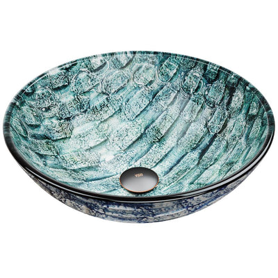 VIGO Oceania Handmade Glass Round Vessel Bathroom Sink in Patterned Teal - Super Arbor