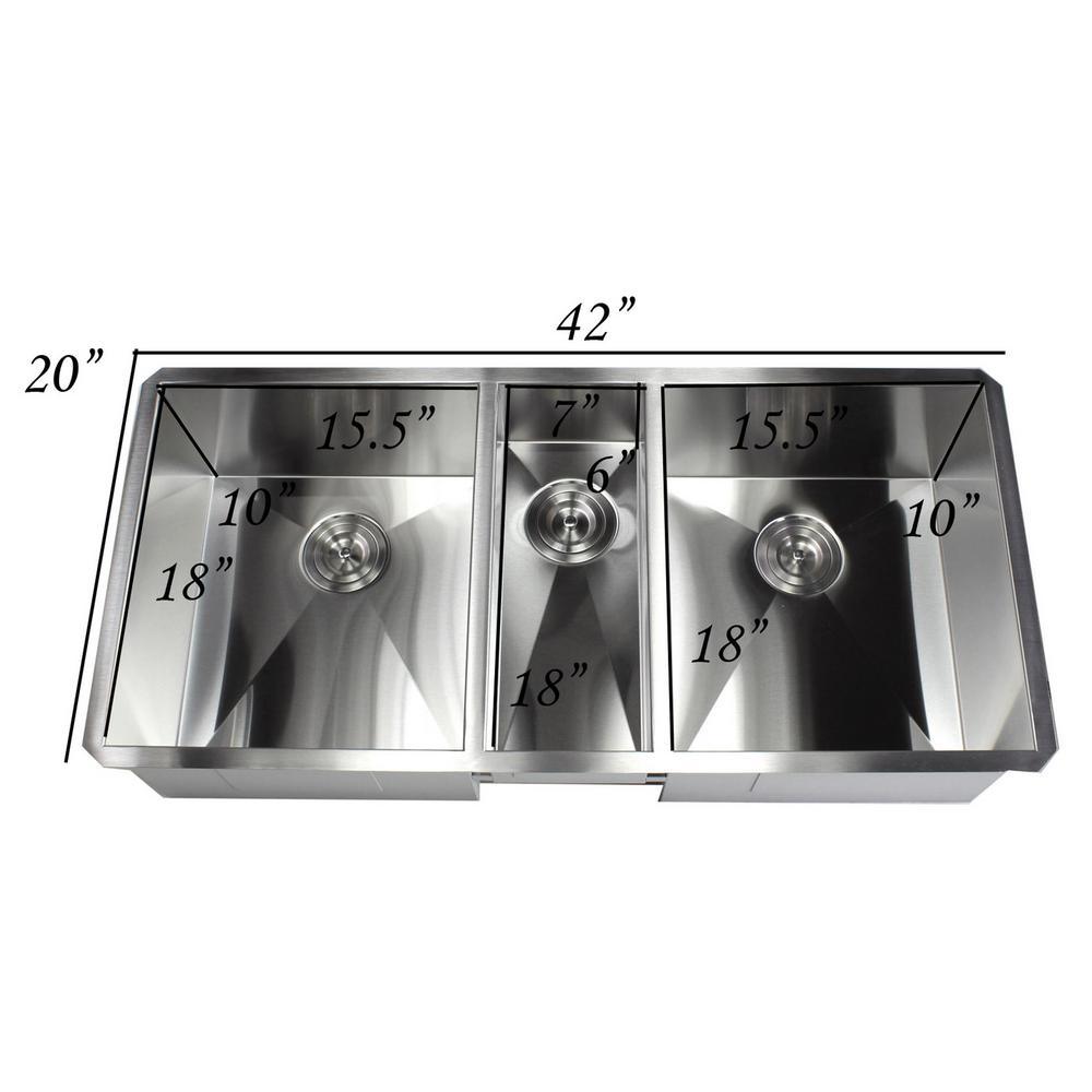 Undermount Stainless Steel 42 in. x 20 in. x 10 in. Deep 16-Gauge Triple Bowl 40/20/40 Zero Radius Kitchen Sink Combo - Super Arbor
