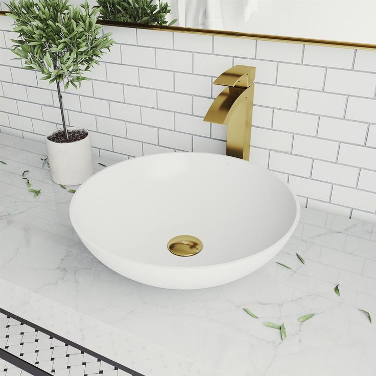 VIGO Lotus Matte Stone Vessel Bathroom Sink in White with Duris Faucet in Matte Gold