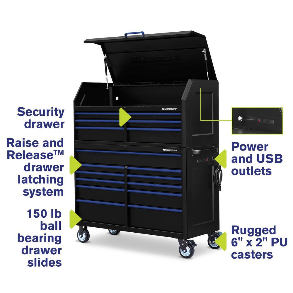 24 in. x 56 in. 17-Drawer Tool Chest and Cabinet Combo with Power and USB Outlets in Black and Blue - Super Arbor