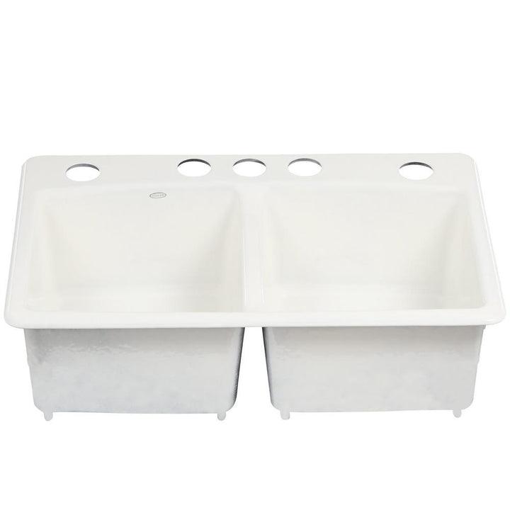 Brookfield Undermount Cast Iron 33 in. 5-Hole Double Bowl Kitchen Sink in White - Super Arbor