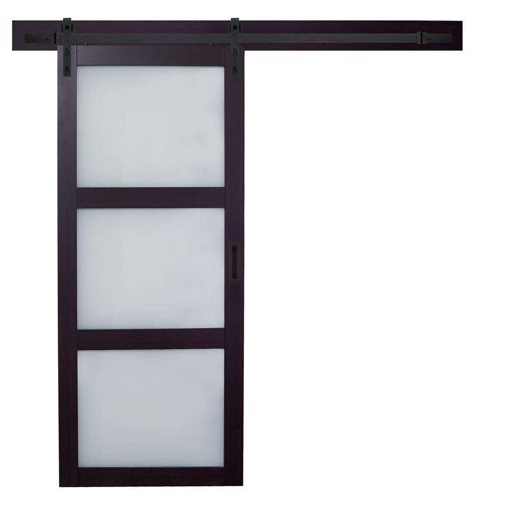 36 in. x 84 in. Bright White Solid Core Frosted 3 Lite Barn Door with Rustic Matte Black Hardware Kit - Super Arbor