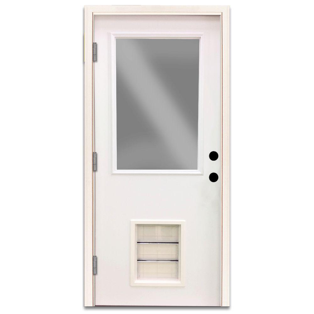 Premium Half Lite Primed White Steel Back Door 32 in. Left Hand Inswing with Extra Large Pet Door - Super Arbor