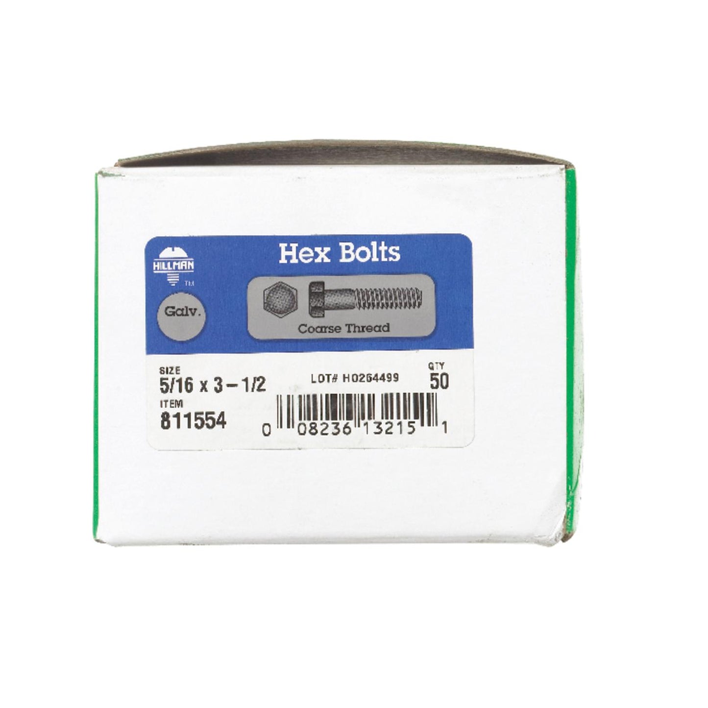 Hillman 5/16 in. Diameter x 3-1/2 in. Length Hot-Dipped Galvanized Steel Hex Bolt, Coarse Thread, 50-Pack