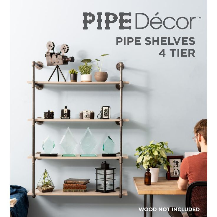 1/2 in. Black Pipe 11.75 in. D x 48.5 in. H Wall Mounted 4-Tier Shelf Kit