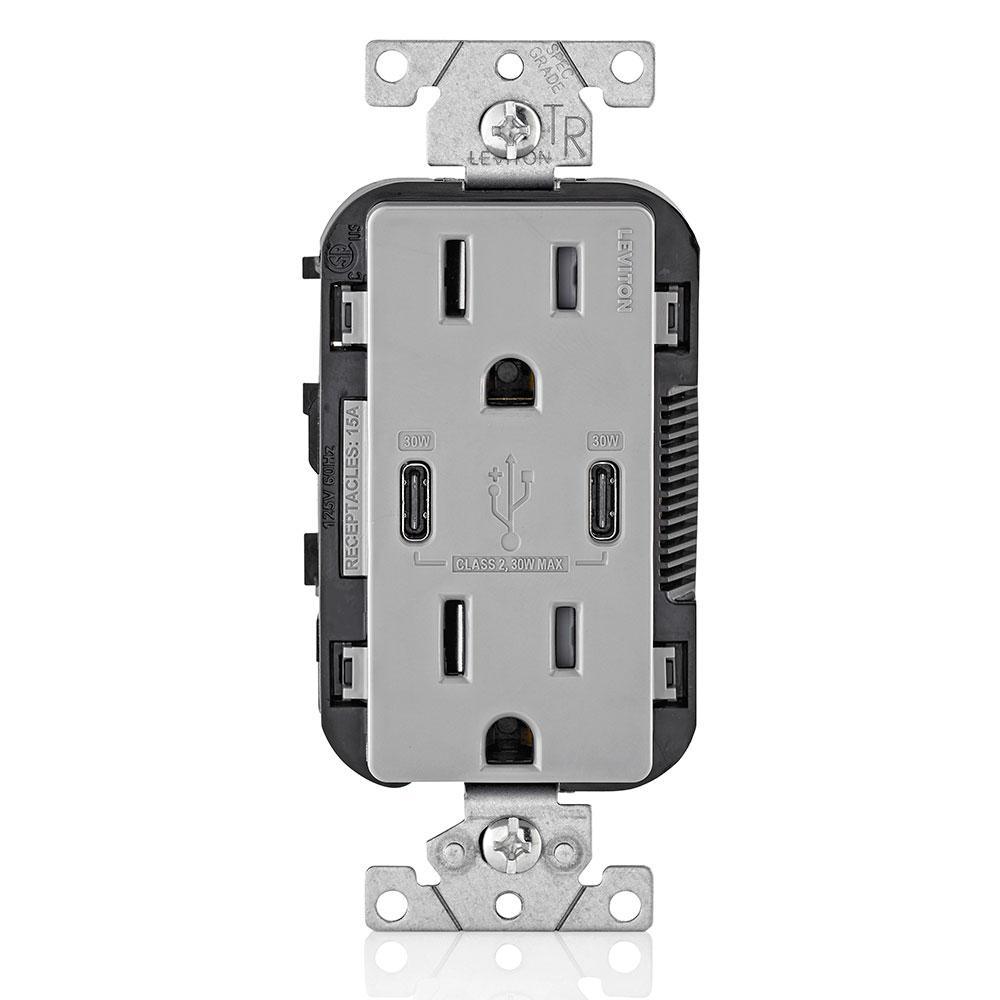 15 Amp 125-Volt Tamper-Resistant Duplex Outlet/30-Watt 6 Amp USB Dual Type-C with Power Delivery In-Wall Charger, White - Super Arbor
