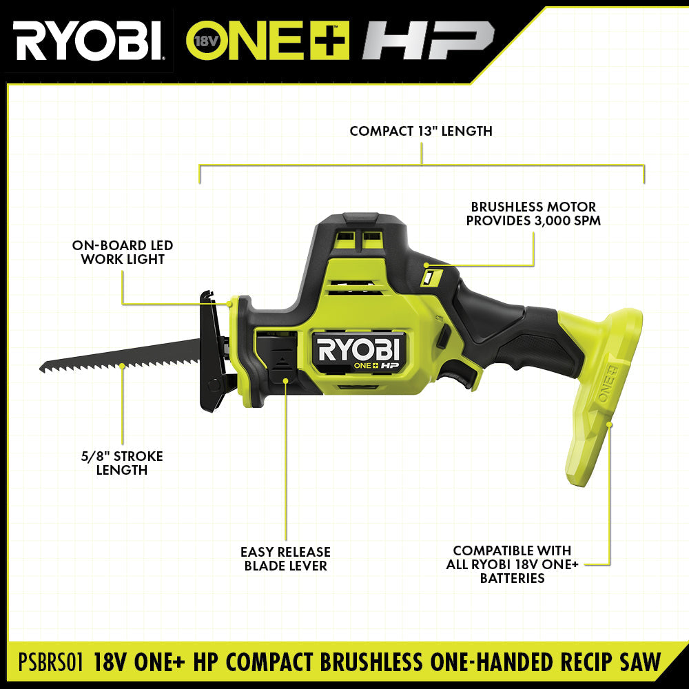 RYOBI ONE+ HP 18V Brushless Cordless Compact One-Handed Reciprocating Saw (Tool Only)