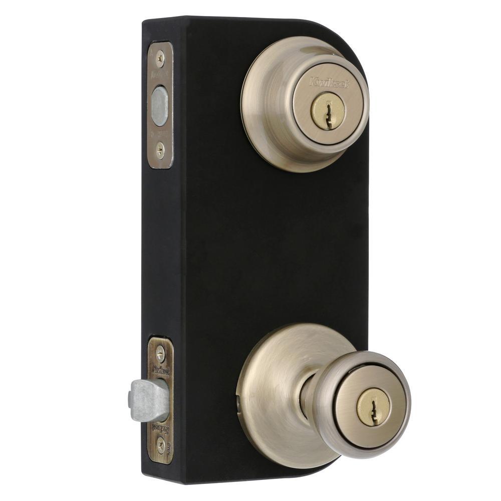 Tylo Antique Brass Entry Door Knob and Single Cylinder Deadbolt Combo Pack with Microban Antimicrobial Technology - Super Arbor