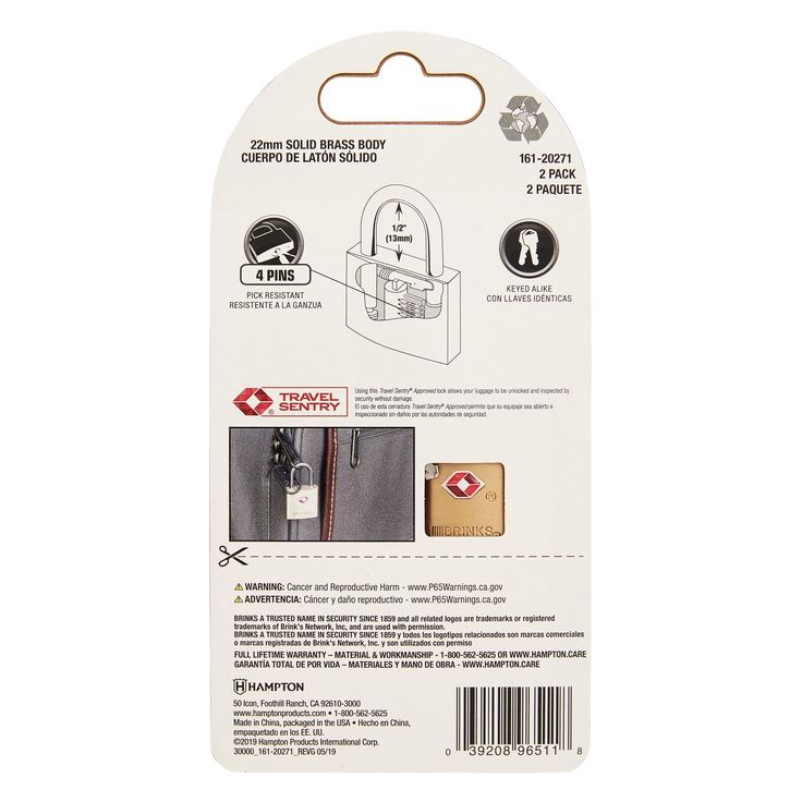 Brink's 22mm TSA Solid Brass Travel Padlock, 2-Pack