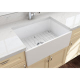 Contempo Farmhouse Apron Front Fireclay 27 in. Single Bowl Kitchen Sink with Bottom Grid and Strainer in White - Super Arbor