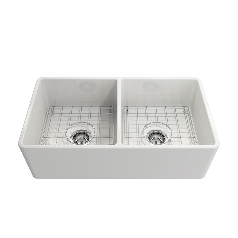 Farmhouse Apron-Front Fireclay 33 in. Double Bowl Kitchen Sink in White with Grid Set - Super Arbor