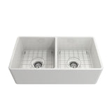 Farmhouse Apron-Front Fireclay 33 in. Double Bowl Kitchen Sink in White with Grid Set - Super Arbor