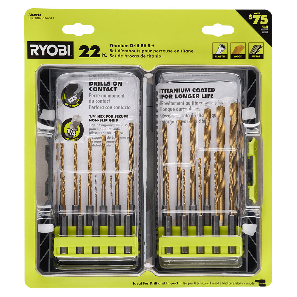RYOBI Titanium Drill Bit Kit (22-Piece) – 1/4" Hex Shank, 135° Split Point