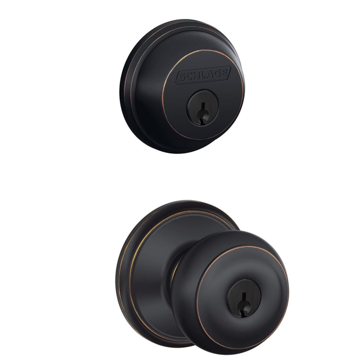 Schlage Georgian Aged Bronze Knob and Single Cylinder Deadbolt, ANSI Grade 2, Fits 1-3/8 to 1-3/4 in. Doors