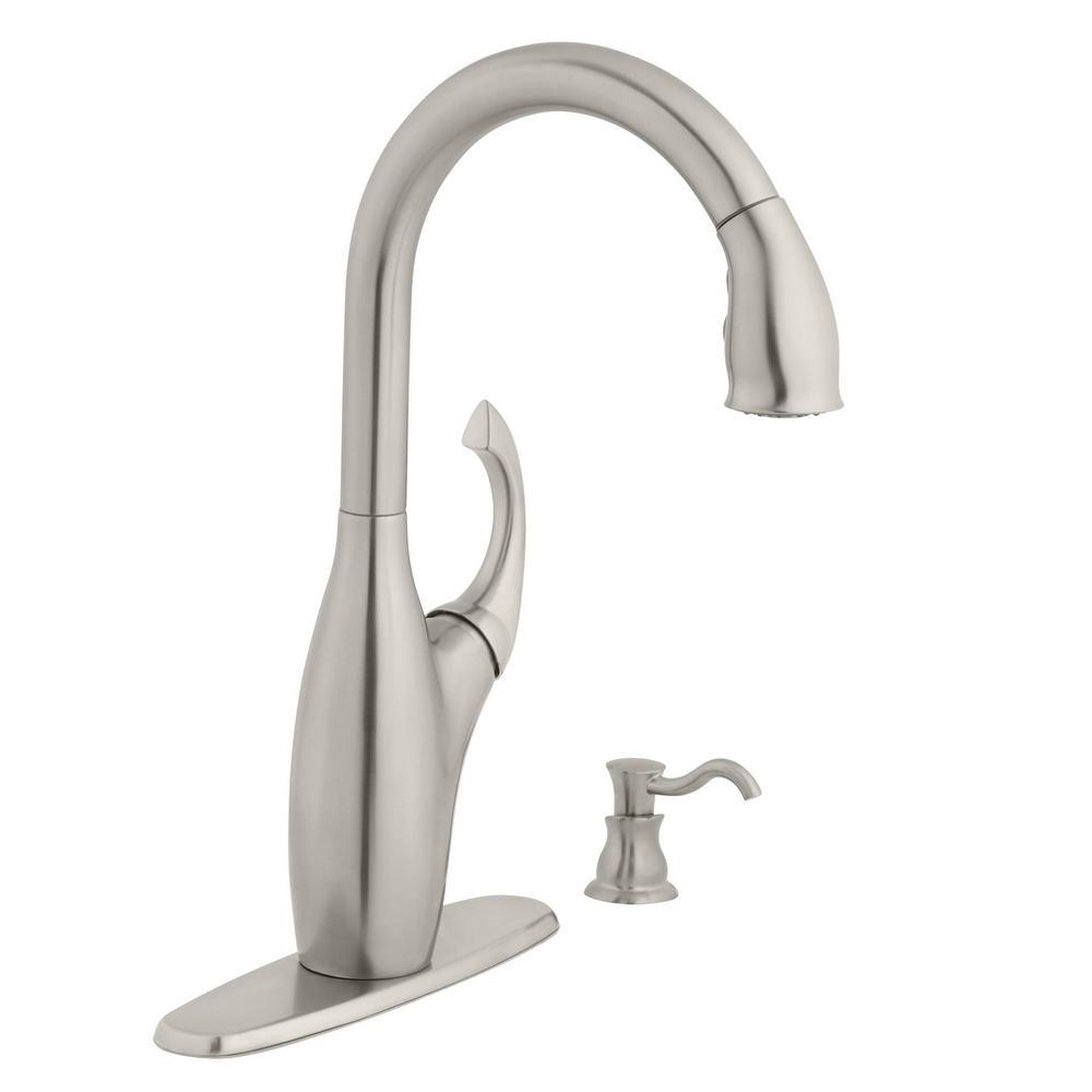 Contemporary Single-Handle Pull-Down Sprayer Kitchen Faucet with Soap Dispenser in Mediterranean Bronze - Super Arbor