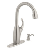 Contemporary Single-Handle Pull-Down Sprayer Kitchen Faucet with Soap Dispenser in Mediterranean Bronze - Super Arbor