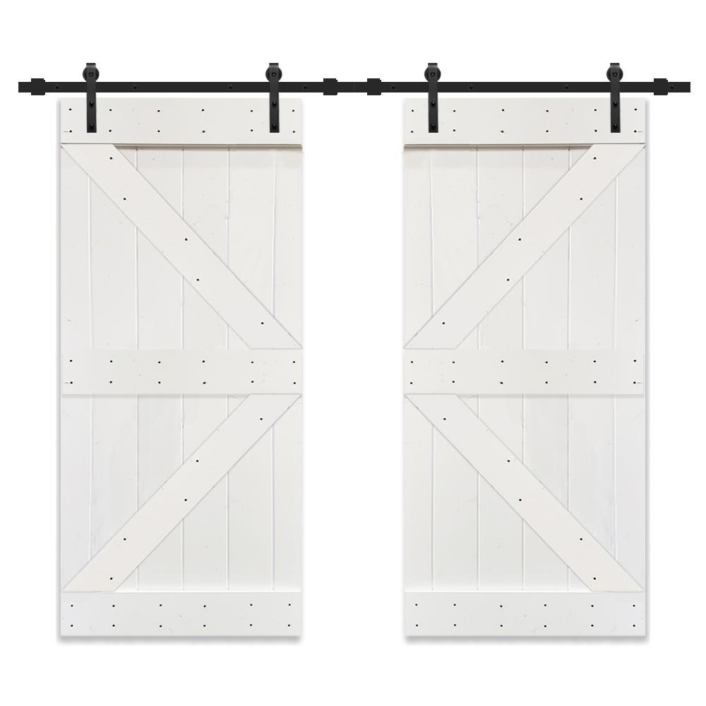 K Series 36 in. x 84 in. Gray Stained Solid Knotty Pine Wood Double Interior Sliding Barn Doors with Hardware Kit - Super Arbor