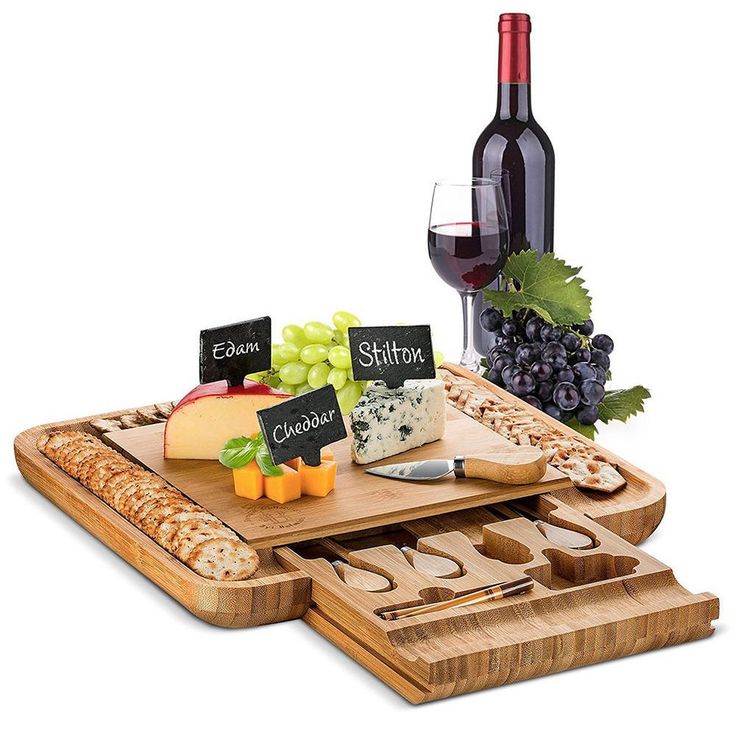 Bamboo Cheese Board and Cutlery Set with Slide Out Drawer