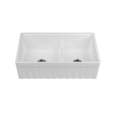 Yorkshire Farmhouse Fireclay 33 in. 55/45 Double Bowl Kitchen Sink with Cutting-Board, Grid and Strainer in White - Super Arbor