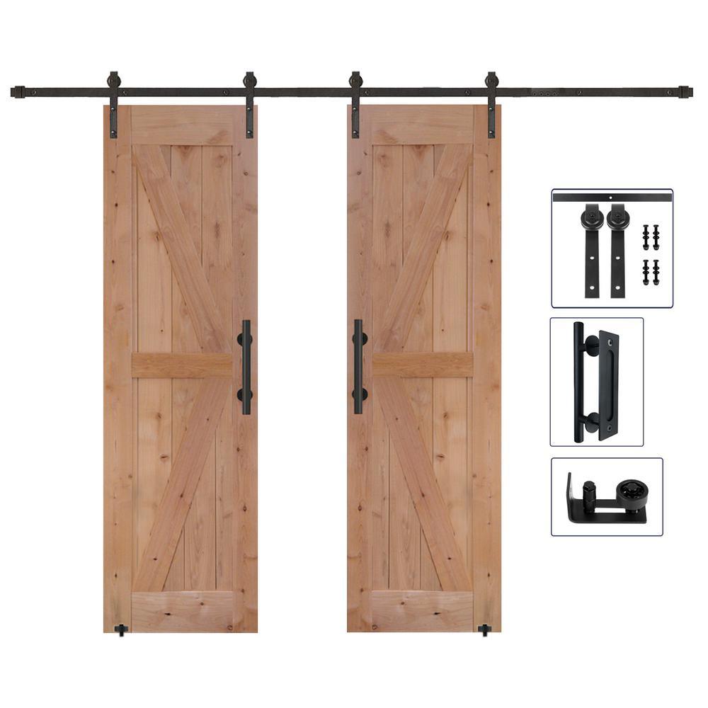 60 in. x 84 in. Assembled Bi-Parting Rustic Unfinished Hardwood Interior Sliding Barn Door Slab with Hardware Kit - Super Arbor