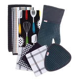 T-Fal Charcoal Cotton Utensils Print, Solids and Stripes Kitchen Textile Set (Set of 9)