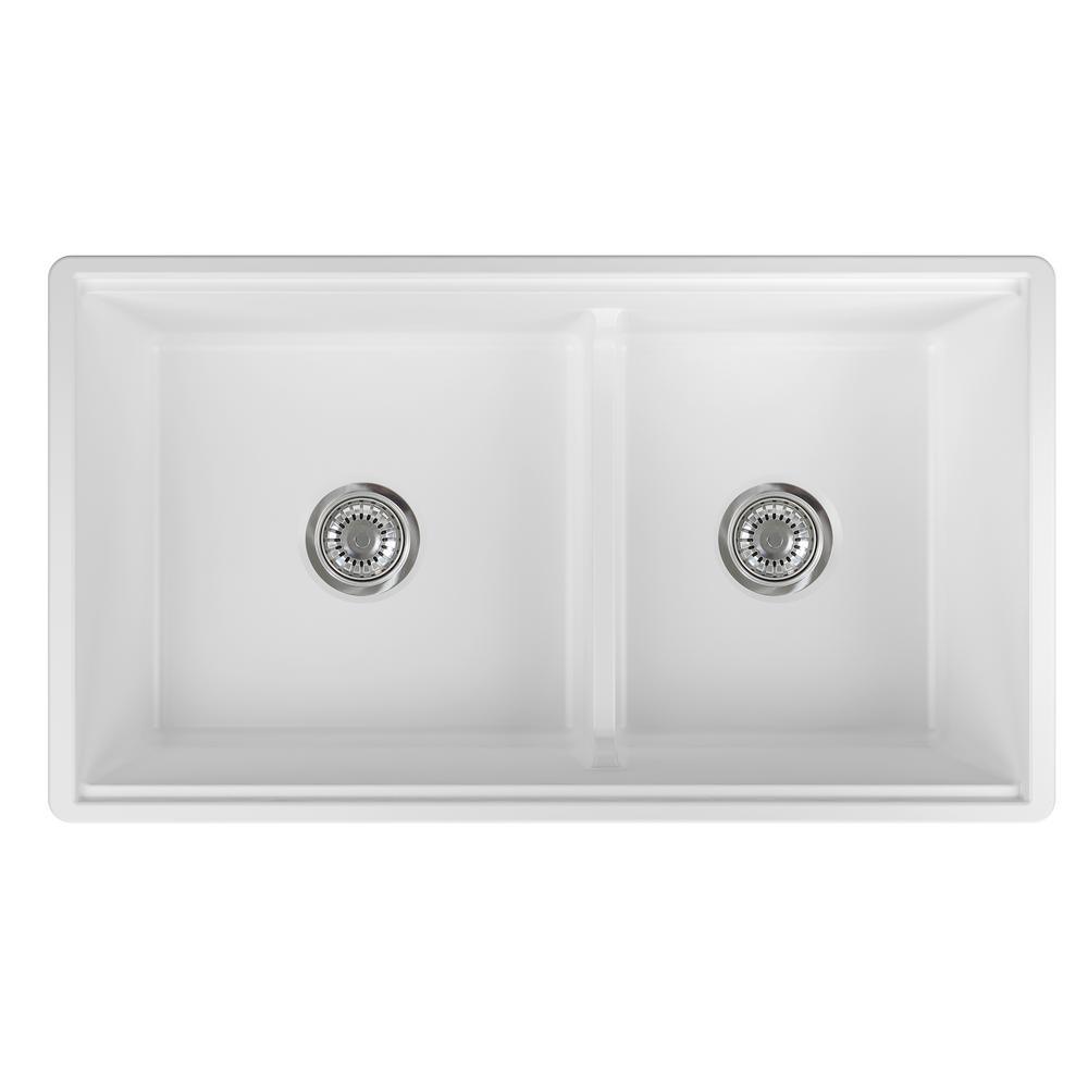 Yorkshire Farmhouse Fireclay 33 in. 55/45 Double Bowl Kitchen Sink with Cutting-Board, Grid and Strainer in White - Super Arbor