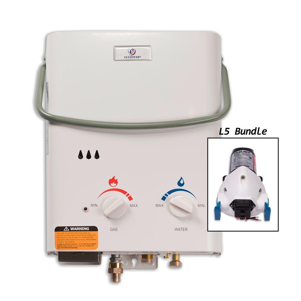 Eccotemp L5 1.5 GPM Portable 37,500 BTU Liquid Propane Outdoor Tankless Water Heater with Flojet Water Pump - Super Arbor