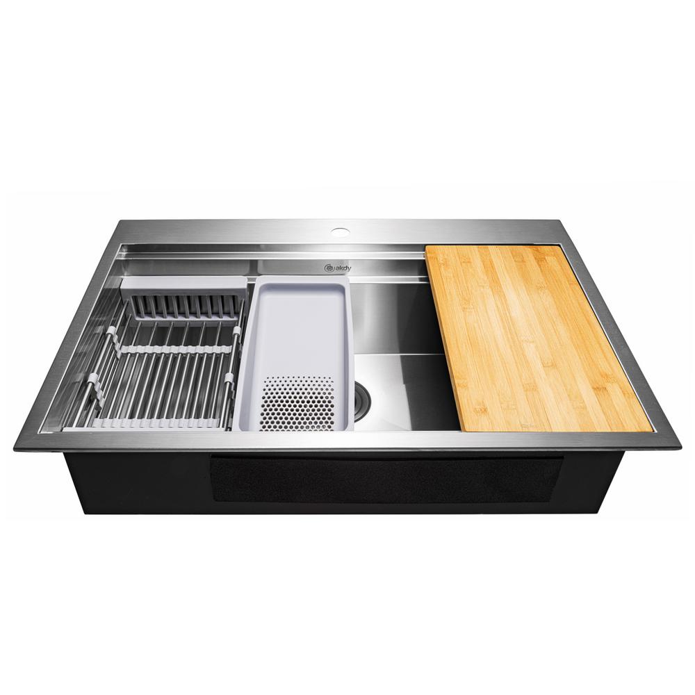 Handmade All-in-One Topmount Stainless Steel 33 in. x 22 in. Single Bowl Kitchen Sink w/ Spring Neck Faucet, Accessory - Super Arbor