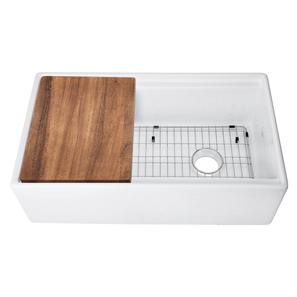 Fireclay 33 in. Single Bowl Farmhouse Apron Front Reversible Kitchen Sink in White with Cutting Board and Grid - Super Arbor