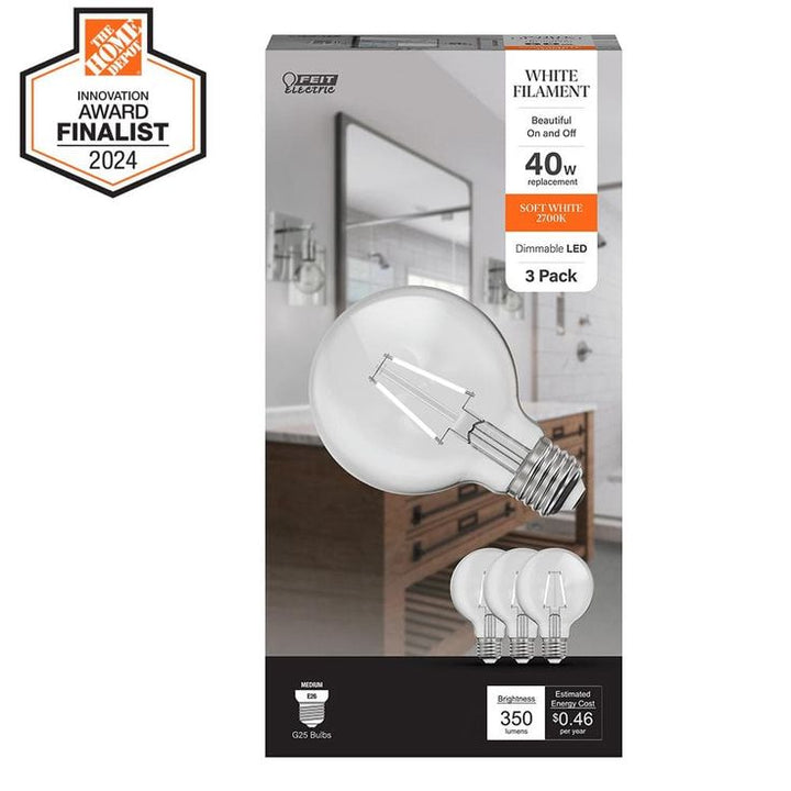 Feit Electric 40-Watt Equivalent G25 Dimmable Filament ENERGY STAR Clear Glass LED Light Bulb, Soft White (3-Pack)