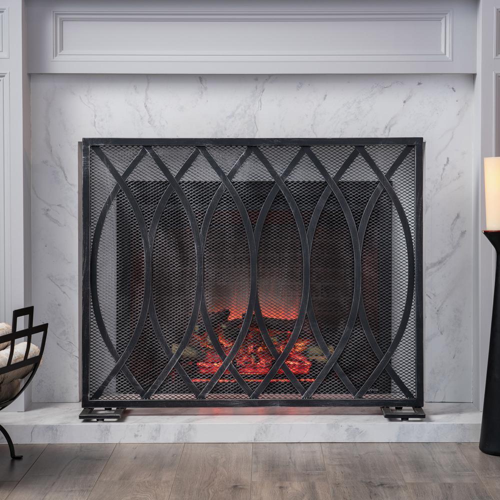 Buncombe Modern Black and Brushed Silver Single Panel Iron Fire Screen - Super Arbor