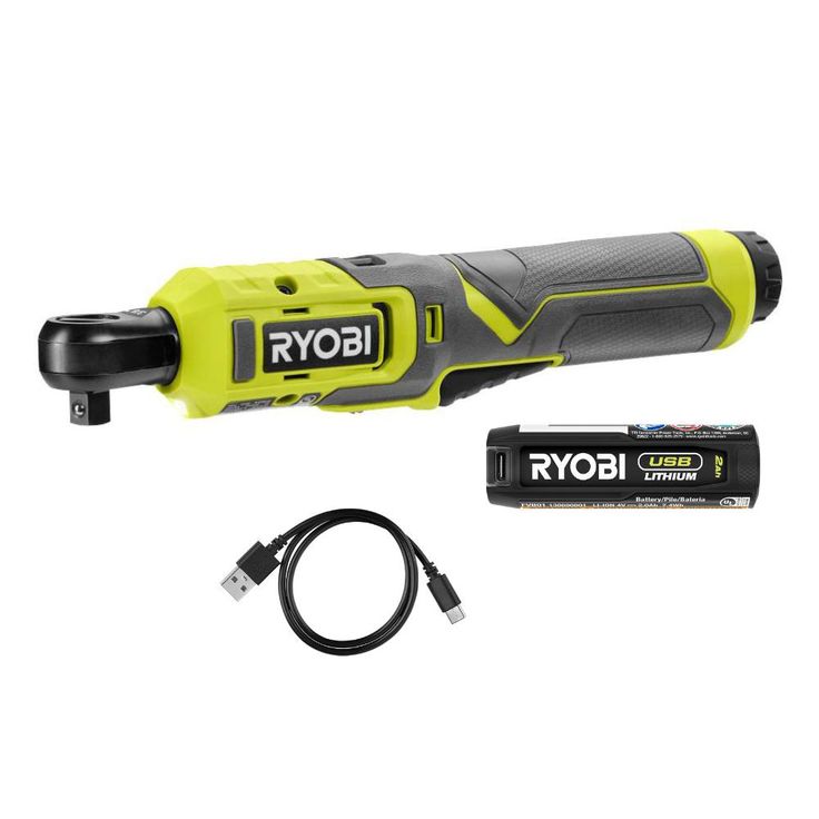 RYOBI USB Lithium 3/8 in. Ratchet Kit with 2.0 Ah Battery and USB Charging Cable with USB Lithium 2.0 Ah Lithium Battery