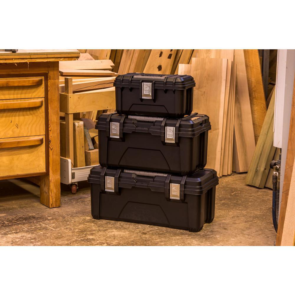 26 in. Plastic Portable Tool Box with Metal Latches in Black - Super Arbor
